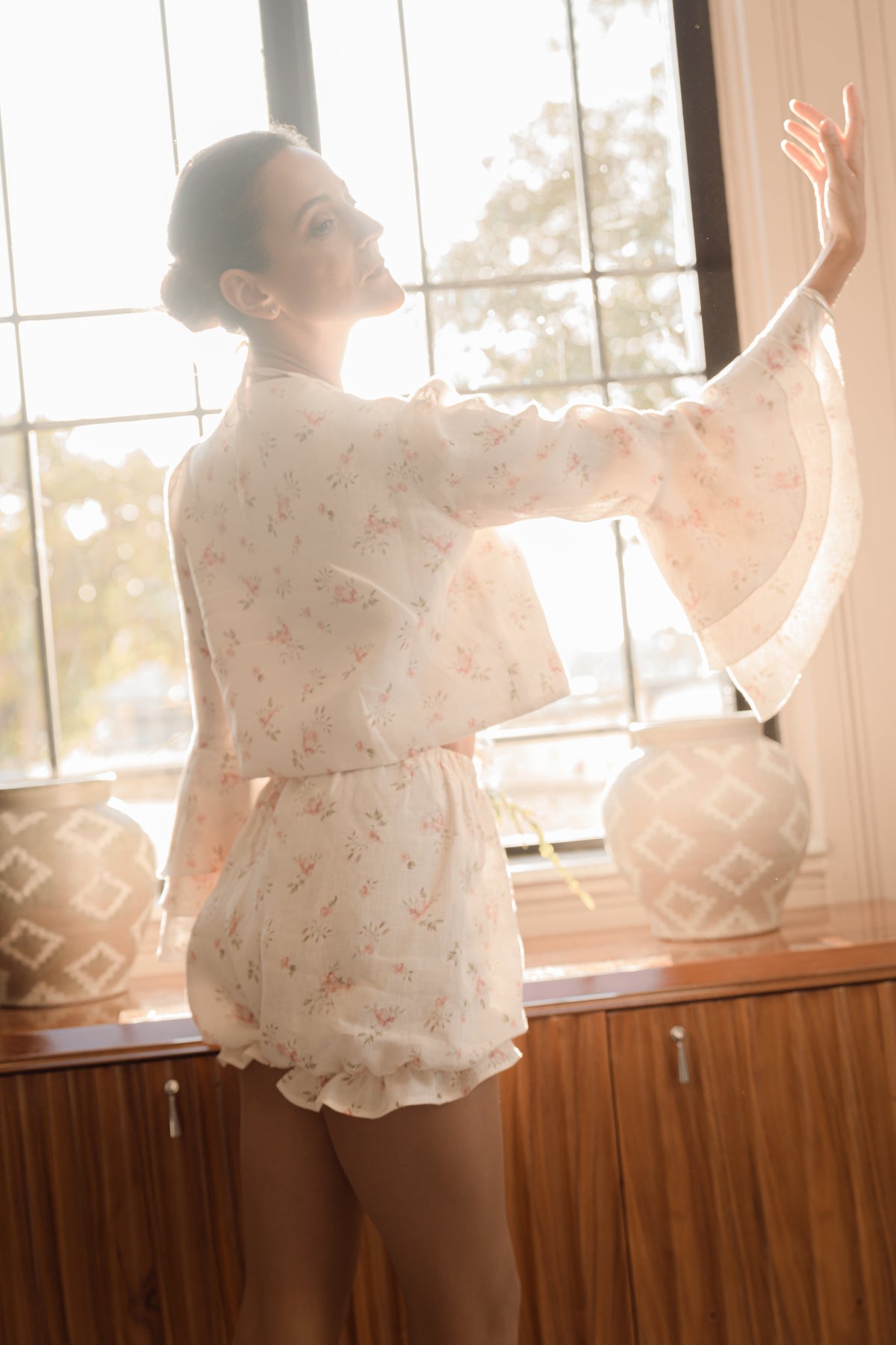 Rose linen front tie 3 piece set