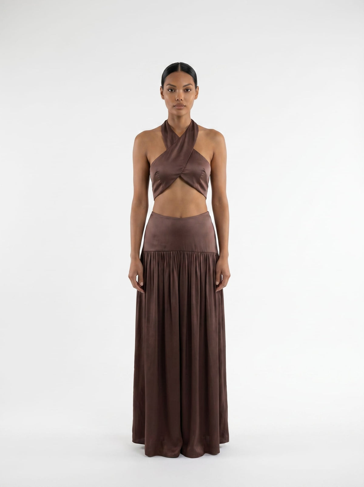 Silk Halter Crop Top & Maxi Skirt Set – Espresso